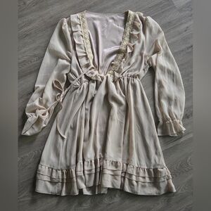Beige Tab Vintage Sheer Ruffle Dress